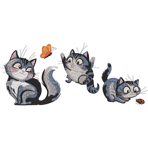 Kitten Trio with Butterfly and Ladybug Embroidery Design, Cats With Butterfly Machine Embroidery, Butterfly Machine Embroidery File