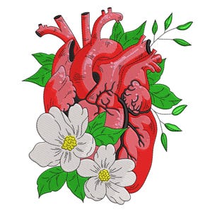 May include: An embroidered design featuring a stylized human heart in shades of red, adorned with green leaves and white flowers with yellow centers. The design is set against a white background.