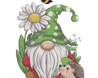 Summer Gnome in Flowers Embroidery Design, Flower Gnome Machine Embroidery File, Gnome with Daisy flower Machine Embroidery EMB, PES, Vp3