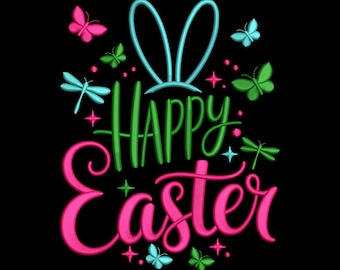 Happy Easter Bunny typografie borduurontwerp, konijn belettering met vlinders Machine borduurwerk direct bestand