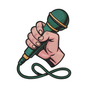 May include: Illustration of a hand holding a green and gold microphone. The microphone has a mesh head and a gold band. The hand is rendered in a detailed, textured style with pink and brown tones. The microphone cord forms a loop.