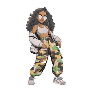 May include: An embroidered design of a person wearing a white crop top, a white jacket, and camouflage cargo pants. The person is wearing round glasses and sneakers. The design has a streetwear theme.
