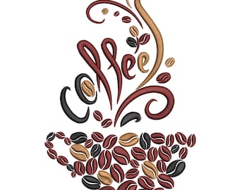 Coffee Bean Cup Machine Embroidery Design: Artistic Coffee Art, PES & Multiple Format, Instant Download