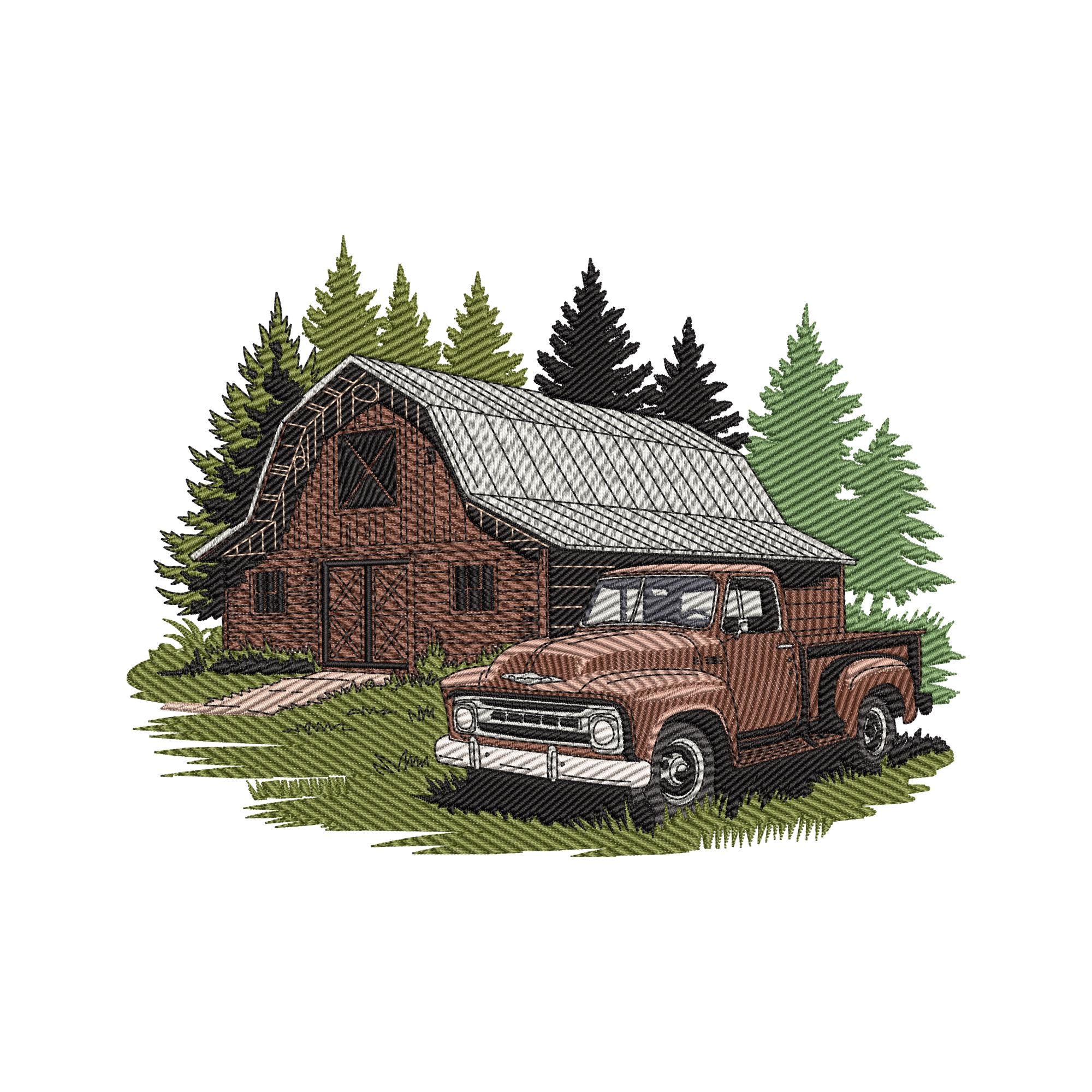 Barn and Truck Embroidery Design, Rustic Farm Landscape Machine ...