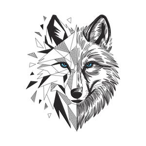 Geometrisk varg halvansikte broderidesign, blå ögon djurbroderimönsterfil, omedelbar nedladdning