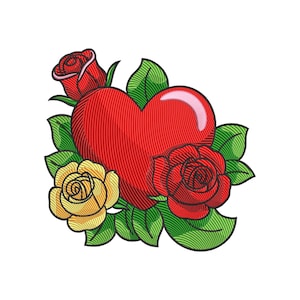 Op de afbeelding: Geborduurd ontwerp met een rood hart, rode en gele rozen en groene bladeren. Het hart heeft een glanzende highlight. Ideaal voor Valentijnsdag of romantische thema's.