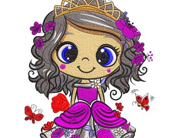 May include: A cartoon princess with large blue eyes, wearing a gold crown and a magenta dress. The princess has grey hair and is surrounded by purple flowers and red butterflies. The dress has a floral pattern.