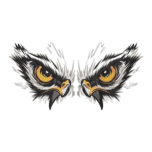 Peut inclure: Motif brodé des yeux d'un aigle, avec des détails en fil noir, blanc et or. Les yeux ont un regard perçant, avec des traits nets et définis. Le motif est symétrique sur fond blanc.
