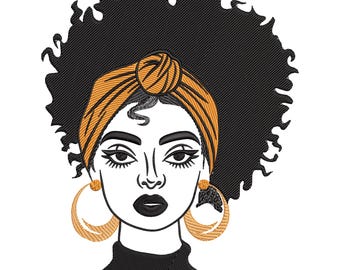 Afro Woman Line Art Embroidery Design, Headwrap & Hoop Earrings Machine Embroidery File, Instant Download
