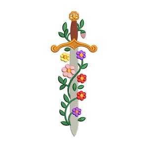 May include: A decorative sword design featuring a gold hilt and a blade adorned with a floral vine. The vine is embellished with colorful flowers in yellow, pink, red, and purple, and green leaves. The sword's handle is brown.