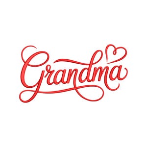 Peut inclure: Texte rouge en cursive "Grand-mère" avec un cœur au-dessus du "a". L'écriture est de style script fluide, idéale pour les cadeaux ou les projets créatifs.