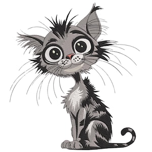 Puede incluir: Ilustración de dibujos animados de un gato gris con ojos grandes y expresivos y largos bigotes. El gato tiene una apariencia ligeramente despeinada con pelo puntiagudo y una nariz rosada. Está sentado erguido con la cola enroscada.