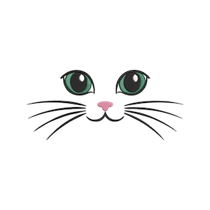 Peut inclure: Un motif de visage de chat blanc avec des yeux verts, un nez rose et des moustaches noires. Les yeux ont une apparence texturée et détaillée. Le design est simple et épuré, idéal pour divers projets créatifs.
