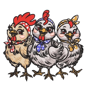 Chickens with Bandanas Embroidery Design, Chickens Bandanas Machine Embroidery, Chickens Embroidery Design File, Rustic Chicken Embroidery