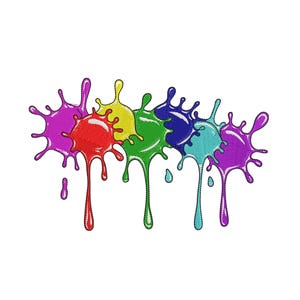 May include: An embroidered design of colourful paint splatters in a rainbow sequence: purple, red, yellow, green, blue, and teal. Each splatter has a dripping effect, creating a dynamic and artistic appearance.