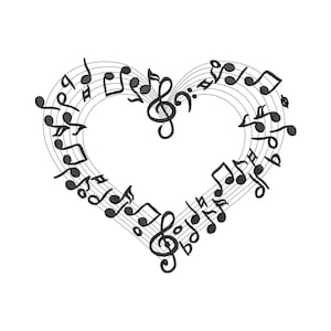 May include: Black musical notes and symbols arranged in the shape of a heart. The design includes treble clefs, bass clefs, and various note types on curved musical staff lines, creating a romantic and artistic representation of music.