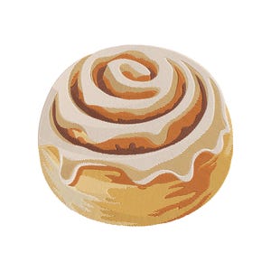 Può includere: Illustrazione dettagliata di una girella alla cannella con glassa al formaggio cremoso. La girella presenta un motivo a spirale con sfumature di marrone e beige, e la glassa è di colore bianco crema. Sfondo bianco.