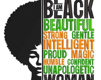 Diseño de bordado de mujer negra africana, bordado a máquina con cita de mujer negra, archivo de bordado a máquina de chica negra, archivo de bordado de mujer negra