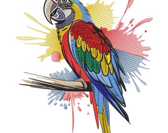 Oiseau Ara assis avec un motif de broderie Paint Splash, fichier de broderie Machine oiseaux colorés