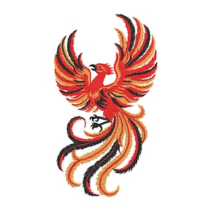 May include: Embroidered phoenix design in red, black, and gold thread. The mythical bird is depicted with outstretched wings and flowing tail feathers. The design is on a white background, showcasing the vibrant colors and intricate details of the embroidery.