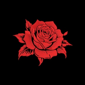 以下が含まれることがあります： 黒い背景に詳細な赤いバラのイラスト。 バラは満開で、複雑な花びらと葉の詳細があります。 この画像は、タトゥーやアパレルなどのグラフィックデザインです。