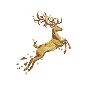 May include: A geometric design of a leaping deer, rendered in shades of gold and brown. The deer's form is constructed from triangular shapes, with intricate detailing in the antlers. The design is set against a clean white background.