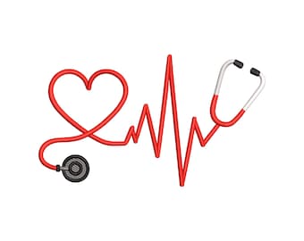 Heartbeat Love Stethoscope Embroidery Design, Medical Theme Machine Embroidery File, Instant Download