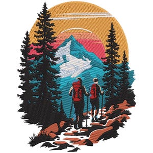 May include: An embroidered design showing two hikers with red rucksacks on a mountain trail. The background features pine trees, a mountain, and a sunset in orange, pink, and blue hues.
