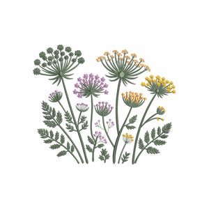 Op de afbeelding: Een botanische illustratie van verschillende wilde bloemen in groen, paars en geel. De gedetailleerde tekening toont delicate stelen, bladeren en trossen kleine bloemen tegen een heldere witte achtergrond.