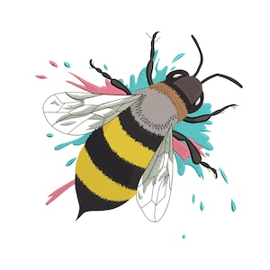 May include: Embroidered bee design featuring yellow and black stripes, a grey and brown head, and transparent wings. The bee is set against a backdrop of teal, pink, and blue splashes, creating a vibrant and dynamic image.