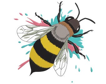 May include: Embroidered design of a bee with yellow and black stripes, gray and brown head, and transparent wings. The bee is set against a backdrop of teal, pink, and blue splashes, creating a vibrant and dynamic image.