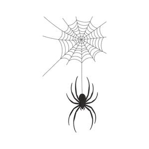 May include: A black spider hangs from a detailed spiderweb against a white background. The spider has a round body and eight long legs. The web is intricately designed with radial and concentric lines.
