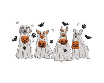 Halloween Ghost Dogs Embroidery Design, Spooky Pumpkins Machine Embroidery File, Instant Download