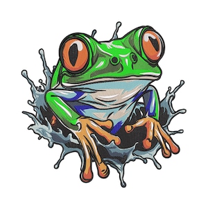 May include: An embroidered design featuring a green tree frog with large orange eyes, emerging from a splash of water. The frog's skin is detailed with shades of green, blue, and orange, creating a striking visual effect.