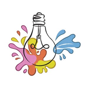May include: A black line art illustration of a lightbulb with colorful paint splatters in pink, orange, yellow, and blue. The design is on a white background, suggesting creativity and ideas.