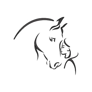 May include: A black line art illustration of a horse's head and a woman's profile, suggesting a bond. The horse's head is positioned to the left, with the woman's profile on the right, both facing each other. The artwork is set against a white background.