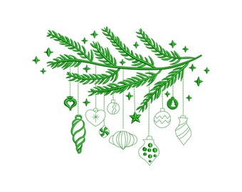 May include: Green embroidered design of a Christmas tree branch with hanging ornaments. The ornaments include a heart, star, and various ball shapes. The design also features small star accents.