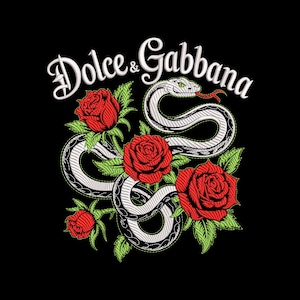 May include: Black background with a white and black embroidered snake design, red roses, and the text "Dolce & Gabbana" in white script. The snake has a green eye and a red tongue.