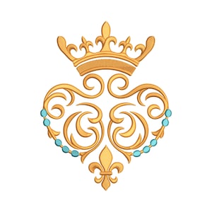 May include: Gold-colored ornate design featuring a crown atop a heart-shaped emblem. The heart is adorned with swirling patterns and a fleur-de-lis at the bottom. Small turquoise beads are arranged along the sides, creating a decorative border.