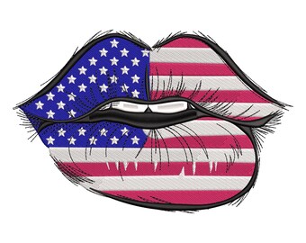 May include: Embroidered lips design featuring the American flag. The upper lip is blue with white stars, and the lower lip has red and white stripes. The lips are outlined in black with black eyelashes.