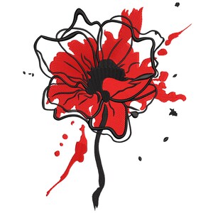 May include: An embroidered design of a stylized red flower with a black center and outline. Red paint-like splatters and small black accents surround the flower on a white background. The design has a modern, artistic aesthetic.