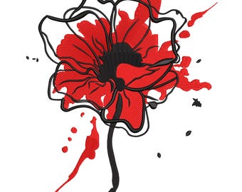 Abstract Red Poppy Flower Embroidery Design, Bold Artistic Machine Embroidery Mini & Large File