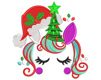 May include: Embroidered design of a unicorn with a Christmas theme. The unicorn has a red Santa hat with holly, a green Christmas tree, and a purple ear. The mane is teal and red, with closed eyes and long black eyelashes.