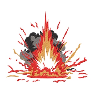 Puede incluir: Un diseño bordado de una explosión con hilos rojos, naranjas, amarillos, grises y negros. El diseño presenta una explosión central de luz rodeada de llamas y humo, con líneas radiantes que sugieren movimiento.