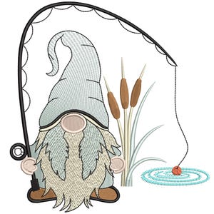 May include: An embroidered design of a fishing gnome with a long beard, wearing a pointed hat, and holding a fishing rod. The design includes cattails, a fishing bobber, and water ripples, all in shades of blue, brown, and beige on a white background.