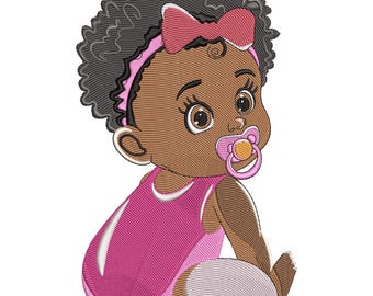 Newborn African Baby Girl Embroidery Design: Bow, Pacifier, Afro Hairstyle Machine Embroidery Digital File