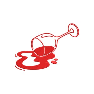 May include: A red line art illustration of a tipped-over wine glass with spilled red liquid. The glass is on its side, and the wine has formed a puddle with a few droplets. The image is set against a white background.