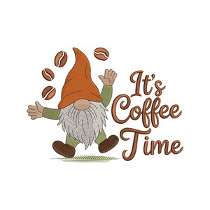 May include: An embroidered design featuring a whimsical gnome juggling coffee beans. The gnome wears an orange hat, green shirt, and brown shoes. The text "It's Coffee Time" is in a brown script font, perfect for coffee lovers.