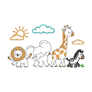 Safari Animal Giraffe and Baby Elephants Embroidery Design, Wildlife Animals Machine Embroidery, Instant Download