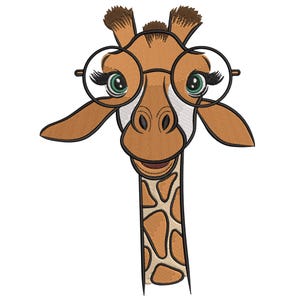 May include: An embroidered giraffe head with large round glasses and green eyes. The giraffe has a brown and tan patterned neck and brown ears. The giraffe is smiling and has long eyelashes.